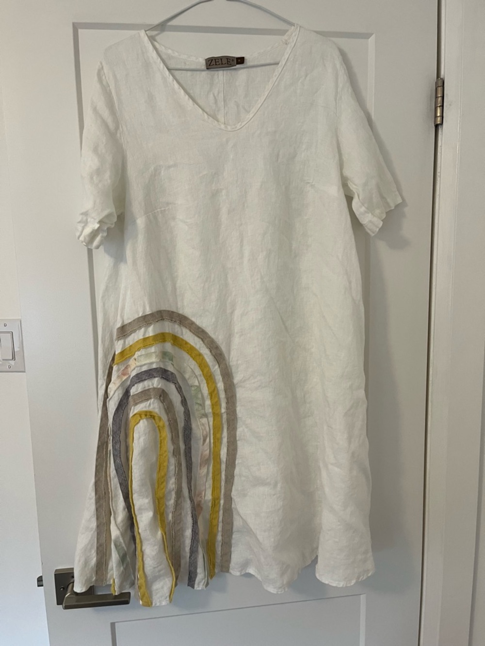ZELE White 100% Linen V-Neck Dress with Yellow & Gray Rainbow Detail